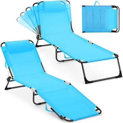 Outdoor Sunbathing Chair, 2 Pack Foldable Beach Chair with Pillow 5 Position Recline, Blue Back Breathable Mesh Pool Chair