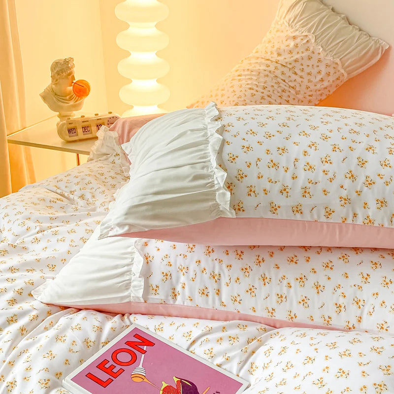 Parure de lit à fleurs roses Ins Style pour lit simple ou double, housse de couette pastorale pour filles, sans rembourrage, drap plat, taies d'oreiller, linge de lit mignon