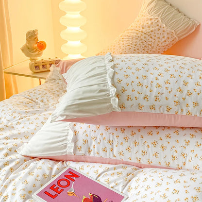 Ins Style Pink Floral Bedding Set Single Twin Size Pastoral Girls Duvet Cover No Filling Flat Sheet Pillowcases Cute Bed Linens