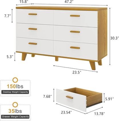 Cómoda de madera de 6/4 cajones de ancho para dormitorio, cómoda y de almacenamiento, mueble de TV para guardería, sala de estar, color blanco