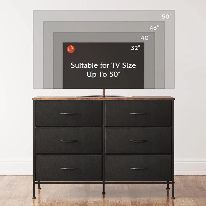 Wide Dresser with 6 Drawers, TV Stand for 50" TV, Entertainment Center with Metal Frame, Wooden Top, Fabric Storage Dresser for