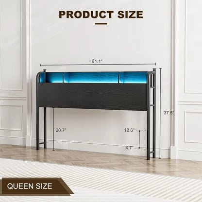 Queen Size Storage Headboard with LED Lights & Charging Station, with Storage, Queen Size Storage Headboard