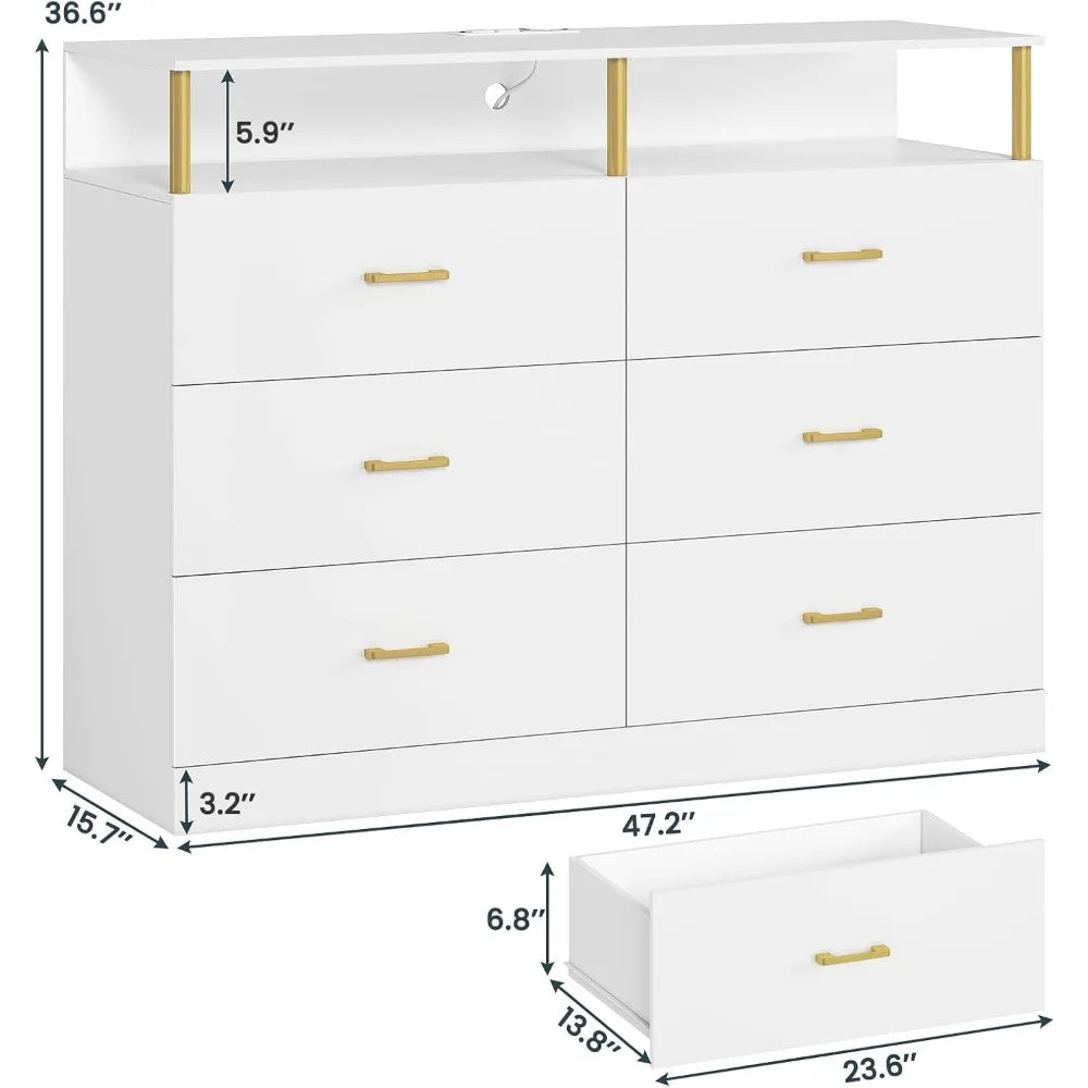 Commode blanche pour chambre à coucher avec 6 tiroirs, commodes et coffres à tiroirs avec design en colonne et station de charge, commode large à LED