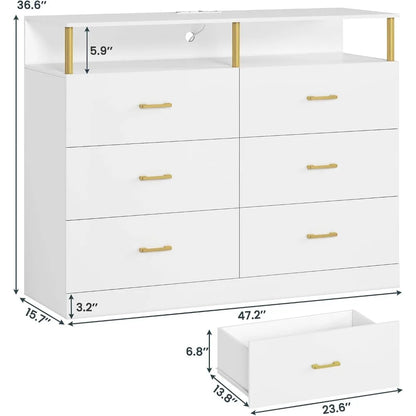 Cómoda Blanca para Dormitorio con 6 Cajones, Cómodas y Cajoneras con Diseño de Columna y Estación de Carga, Cómoda Ancha Led