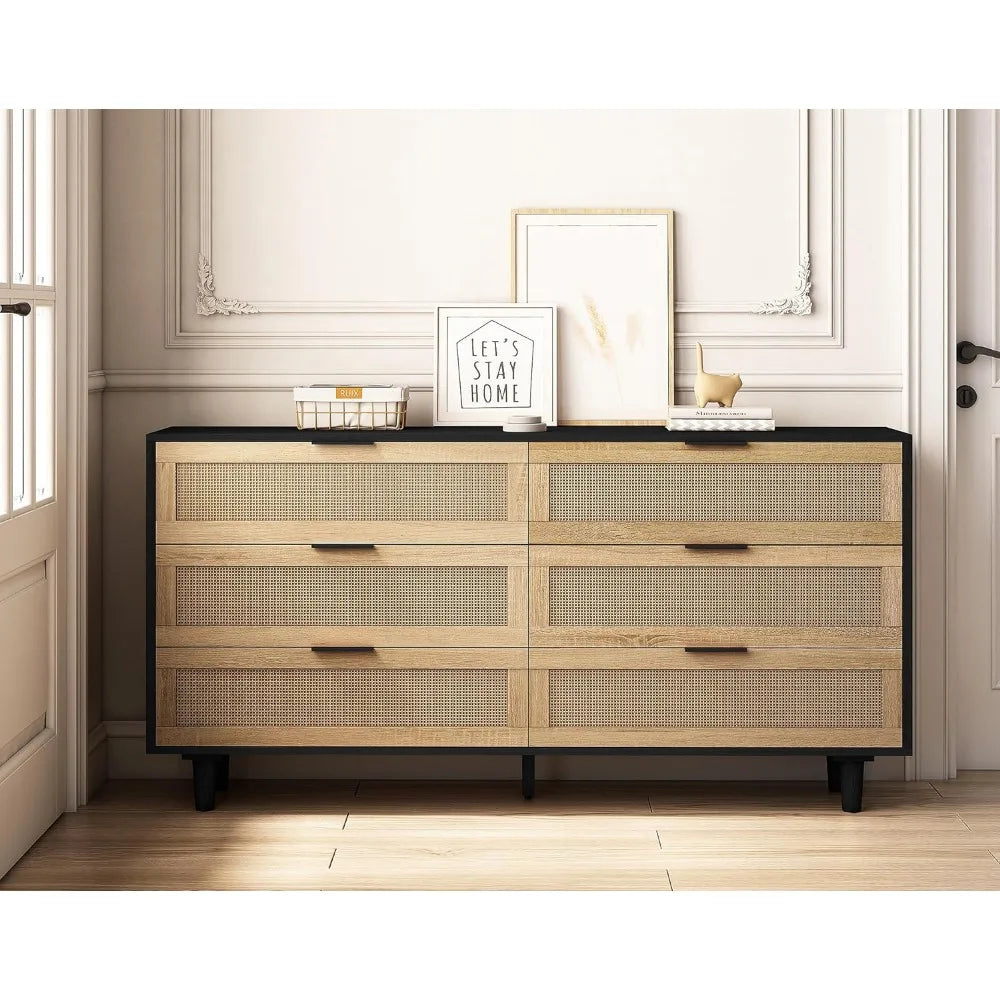 Commode double à 6 tiroirs pour chambre à coucher, armoire de rangement en bois avec poignées dorées, armoire de rangement sur pied, naturelle