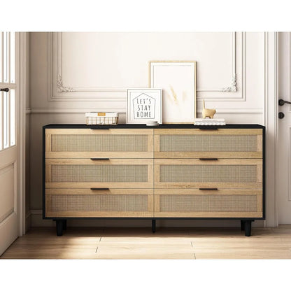 6 Drawer Double Dresser for Bedroom, Wooden Storage Wardrobe Dresser With Gold Handles, Floor Standing Storage Cabinet, Natural