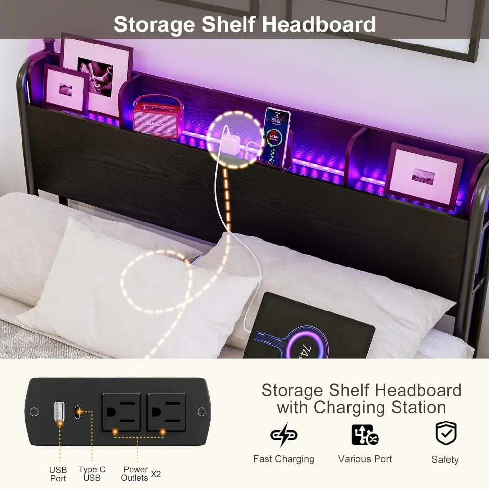 Queen Size Storage Headboard with LED Lights & Charging Station, with Storage, Queen Size Storage Headboard