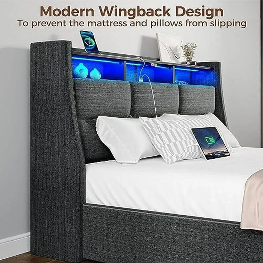 LED Light Upholstered Bed with Charging Station & Storage Drawers Twin Size Linen Fabric Modern Style Grey Color 900lbs Heavy