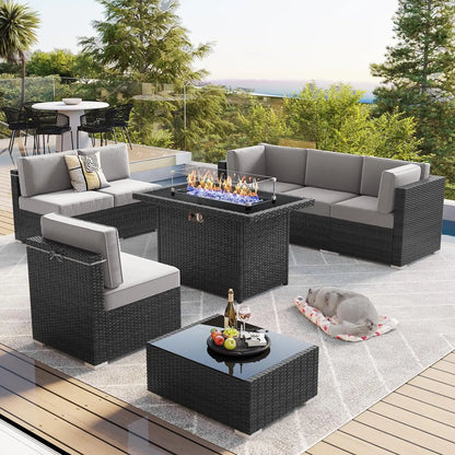 8 Piece Patio Furniture Set with 44" Propane Gas Fire Pit Table, Set Wicker Rattan Sofa Set and Coffee Table Rattan Möbel