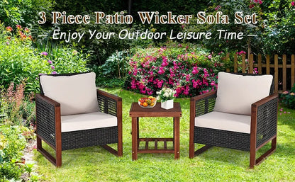 3 Pieces Patio Wicker Furniture Set, Rattan Outdoor Sofa Set w/Washable Cushion & Acacia Wood Coffee Table, for Garden Backyard