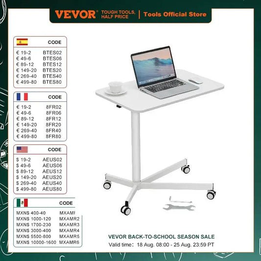 VEVOR 28"-44" Gas-Spring Height Adjustable Sit-Stand Desk W/ Wheels Portable Rolling Laptop Table Computer Cart for Home Office