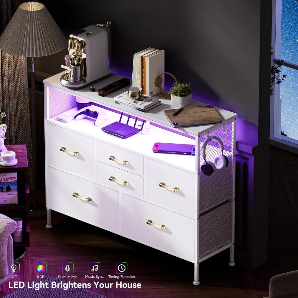 Dresser for Bedroom TV Stand with Power Outlets and LED Light, 6 Drawers Dresser with Side Pockets & Hooks