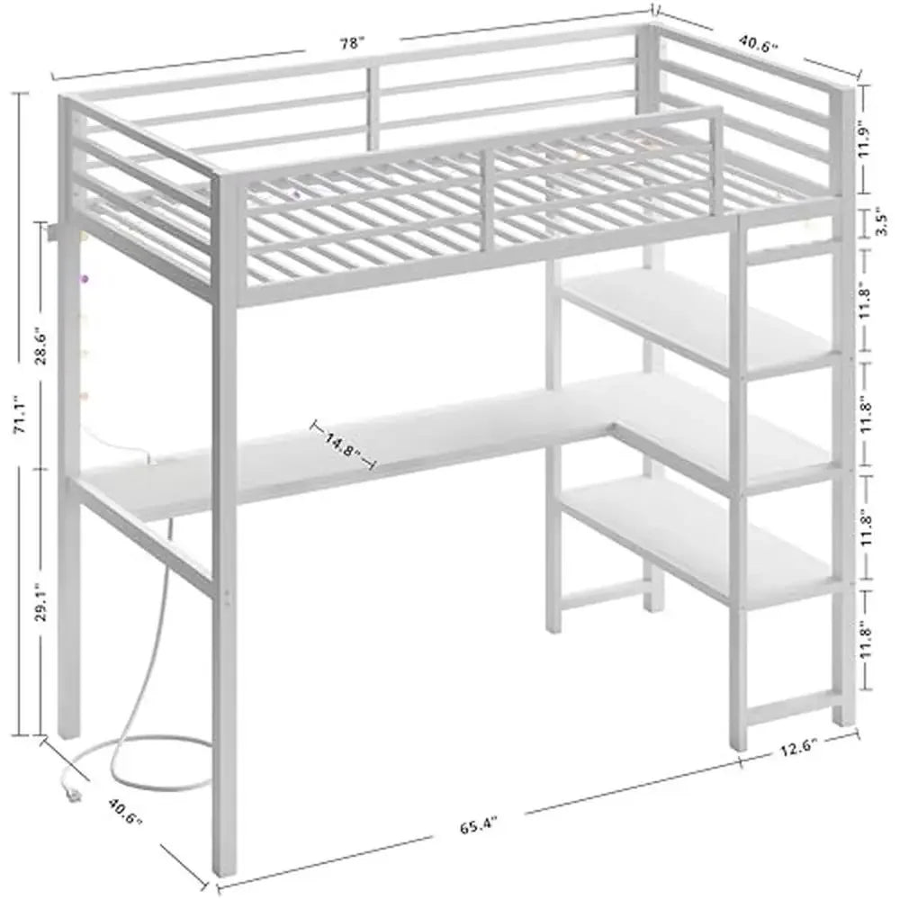 Cama alta de metal tamaño twin con escritorio en forma de L y estantes Toma de corriente Marco de cama alta que ahorra espacio con iluminación LED Resistente y seguro