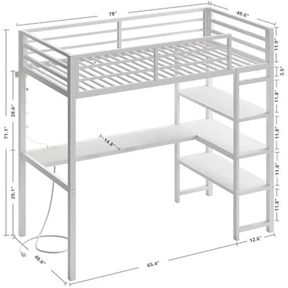 Lit mezzanine en métal pour deux personnes avec bureau en L et étagères Prise de courant Éclairage LED Cadre de lit mezzanine peu encombrant Robuste et sûr