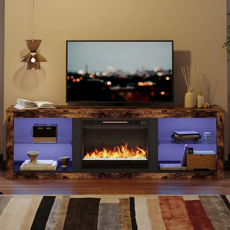 Meuble TV avec cheminée électrique pour téléviseur de 75 pouces, centre de divertissement LED avec étagères en verre pour salon Meuble TV Morden de 70 pouces