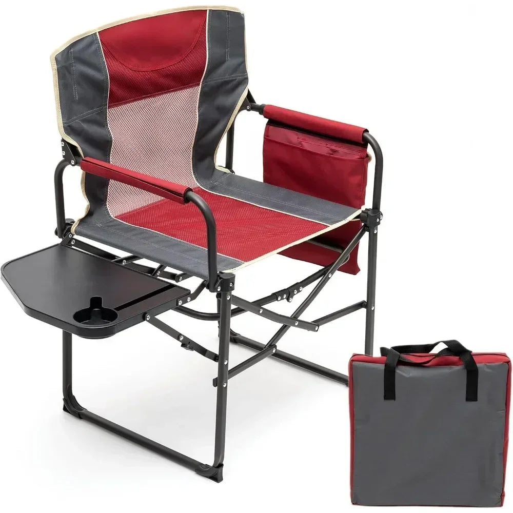 Chaise de directeur de camping, chaise pliante portable surdimensionnée et robuste avec table d'appoint, poche pour plage, pêche, voyage, pique-nique