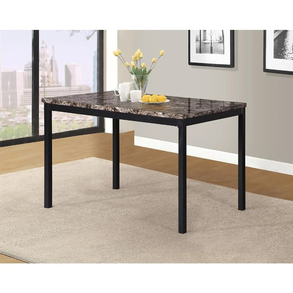 Family metal dining table with laminated artificial marble countertop, 45 inches deep x 28.5 inches wide x 30 inches high