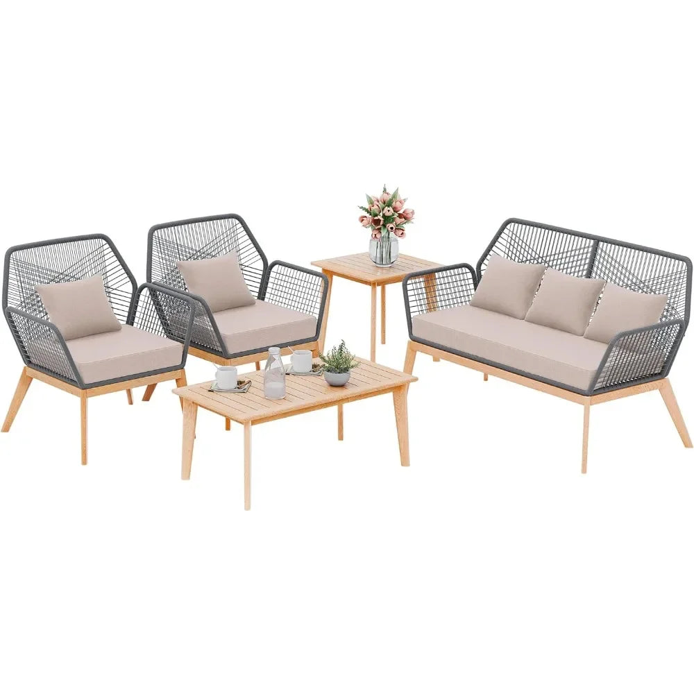 Juego de muebles de exterior para patio, 5 piezas, sofá seccional tejido con cuerda para interior, moderno juego de muebles de patio de roble con mesa de madera