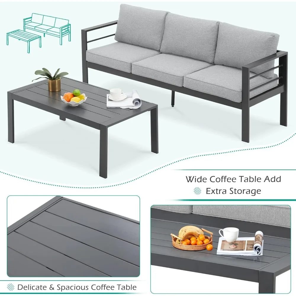 Aluminium Patio Furniture Set, Modern Outdoor Patio Furniture with Coffee Table, Set of 7 with Grey Cushions，Light Grey