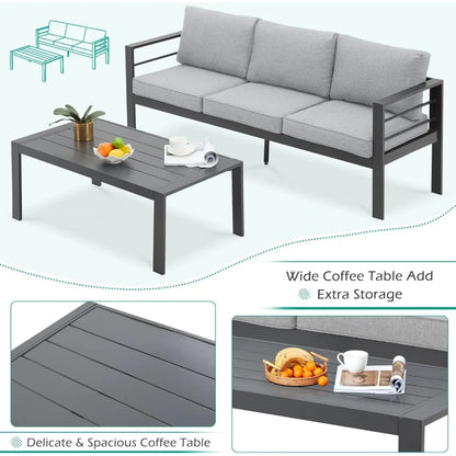 Aluminium Patio Furniture Set, Modern Outdoor Patio Furniture with Coffee Table, Set of 7 with Grey Cushions，Light Grey