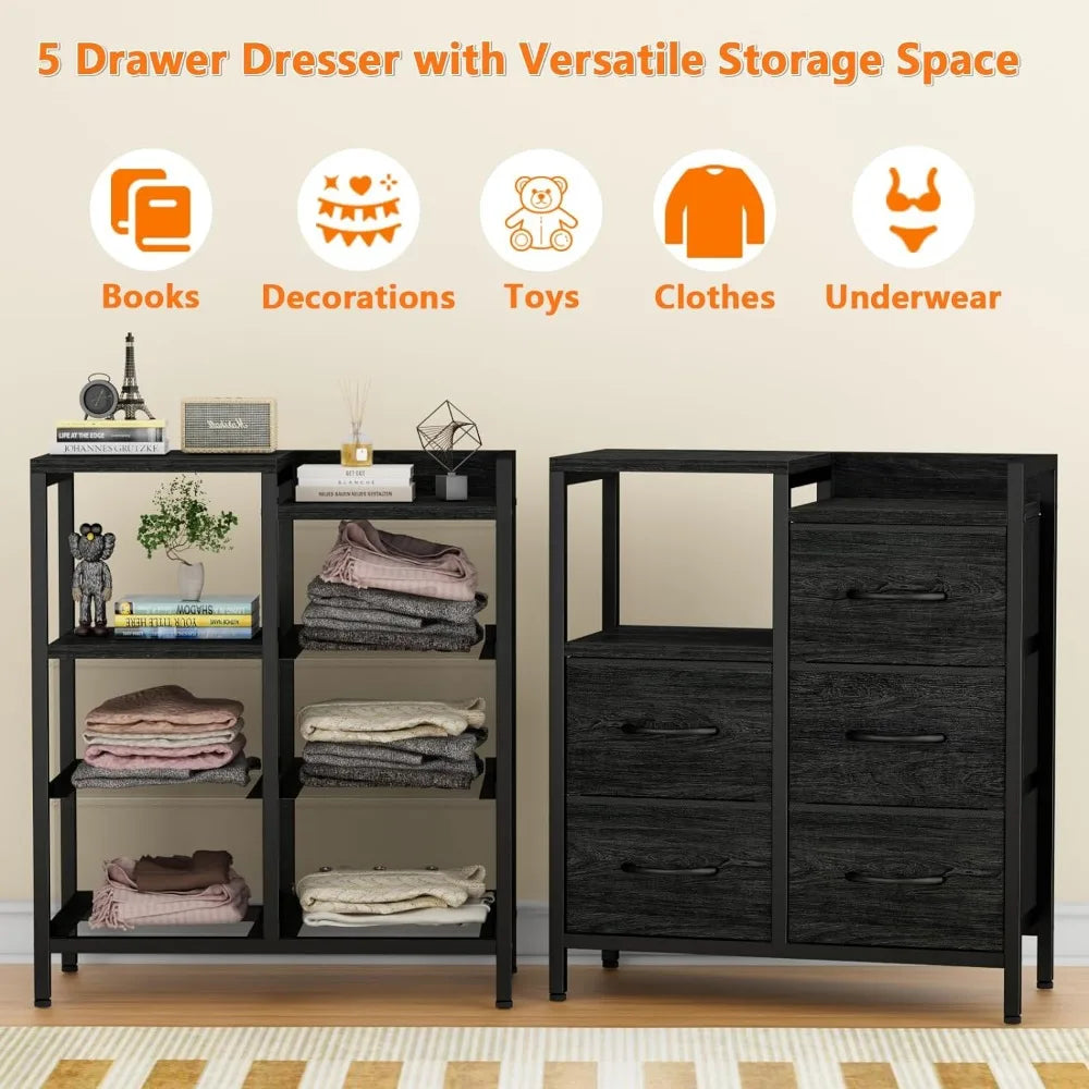 Dresser for Bedroom with 5 Fabric Drawers,Small Chest Organizer Unit with 2-Tier Storage Shelf for Bedside,Closet,Entryway