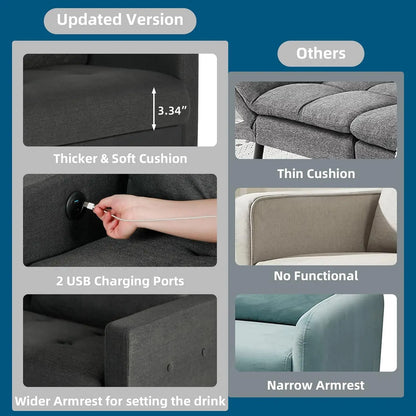 Fabric Loveseat and Chairs Set, Upholstered Sofa Couch with 2 USB Charging Ports, Sofa Sets Apartment 3 Piece