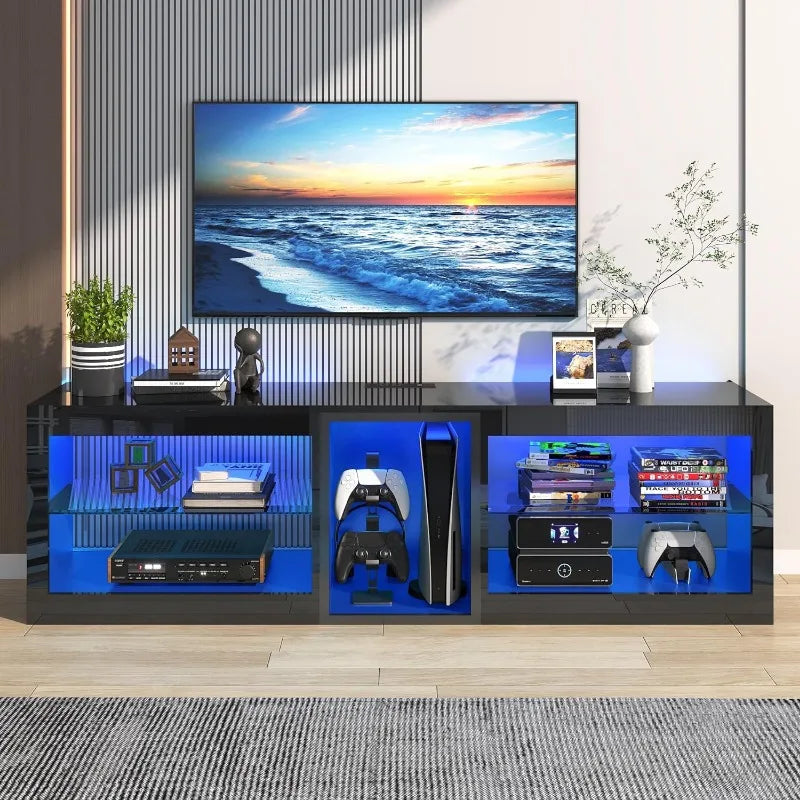 LED TV Stands w/60,000-Colors LED Lights,6.5ft Power Outlet for 55 60 65 70inch TV,Modern High Gloss New Entertainment Center