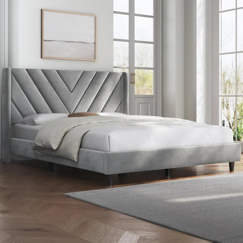 Cama de plataforma tapizada con estructura Queen/soporte de listones de madera/cabecera capitoné con laterales con alas/colchón F