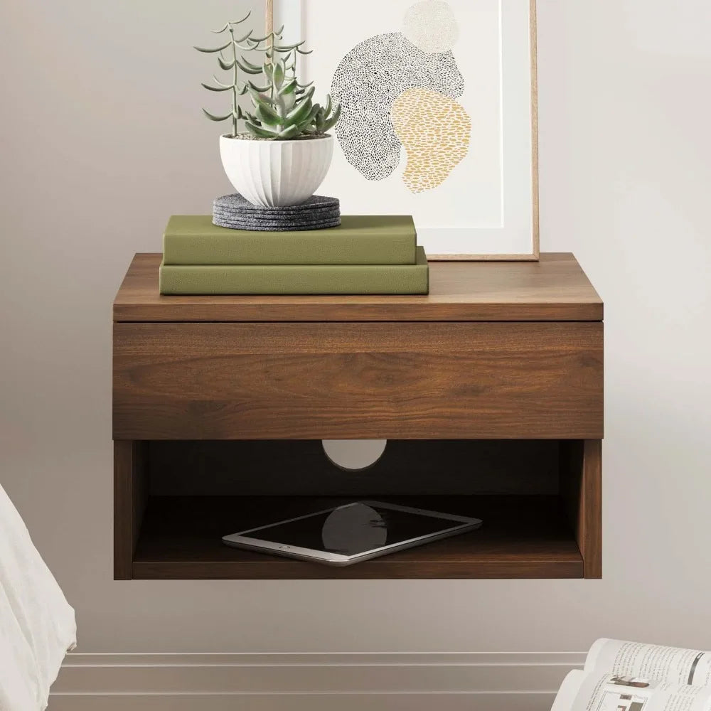 Jackson Modern Floating Bedside Nightstand with Drawer, 1, Brown Walnut