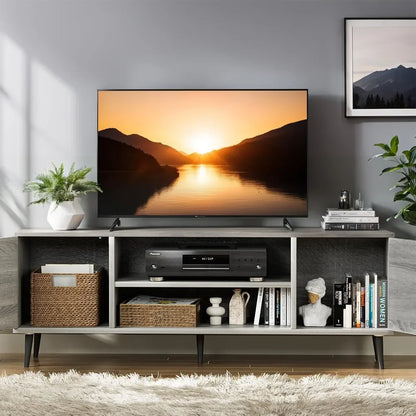 Meuble TV moderne pour téléviseur 65", centre de divertissement avec deux armoires de rangement, console multimédia de style rétro pour le salon