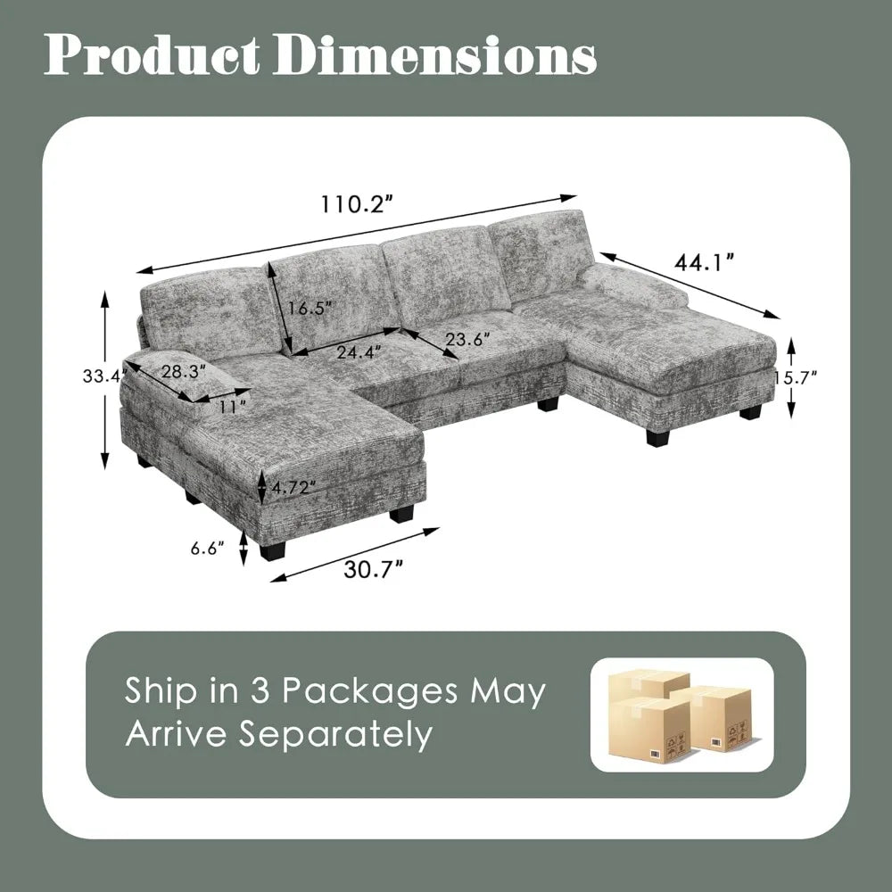 Convertible Sectional Sofa Couch, 4 Seat Sofa Set for Living Room U-Shaped Modern Fabric Modular Sofa Sleeper with Double Chaise