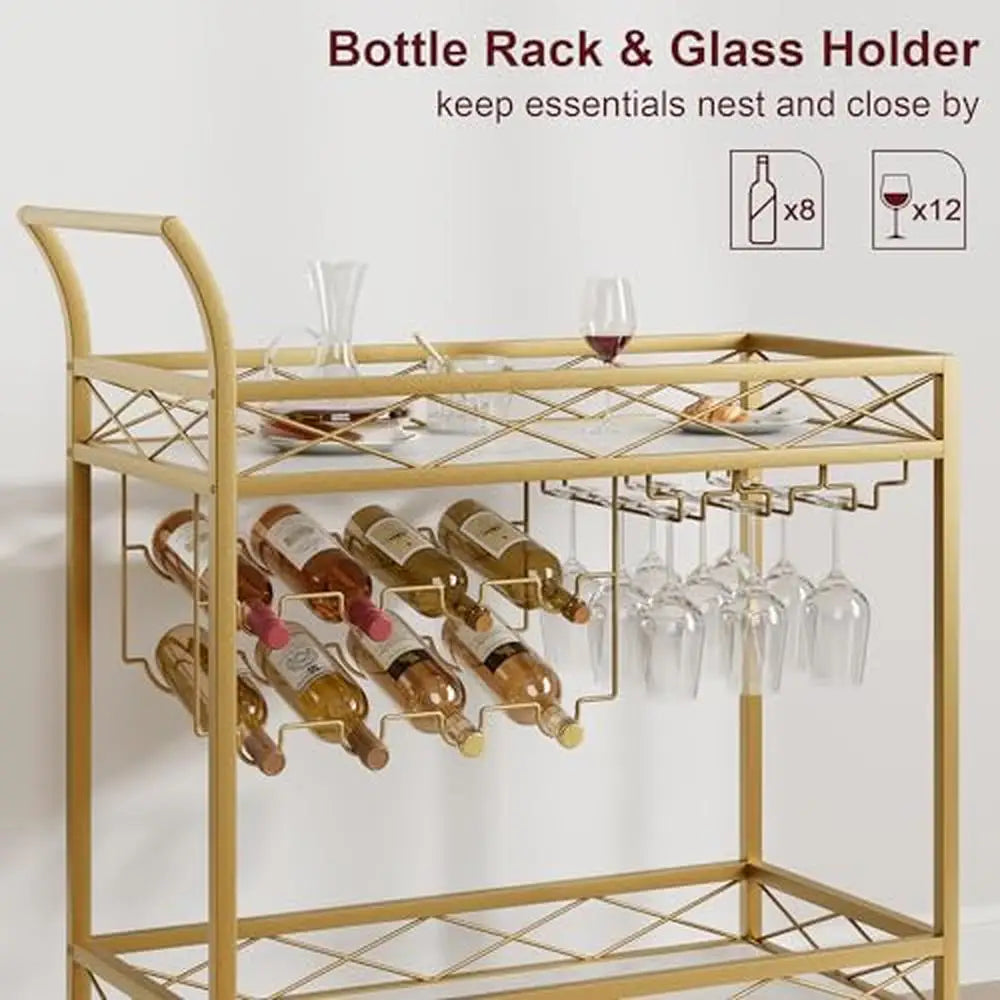 Gold 2 Tier Bar Cart with Wheels Wine Glass Bottle Rack Living Dining Room Kitchen Noble Appearance Push Handle Easy Assemble