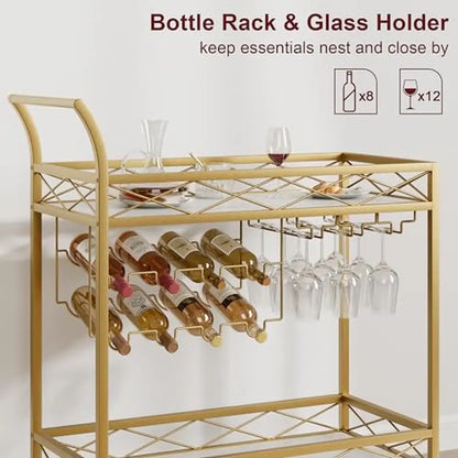 Gold 2 Tier Bar Cart with Wheels Wine Glass Bottle Rack Living Dining Room Kitchen Noble Appearance Push Handle Easy Assemble