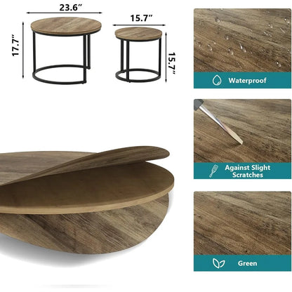 Ensemble de 2 tables basses gigognes, table basse ronde de 23,6 po avec plateau en grain de bois et pieds antidérapants réglables,