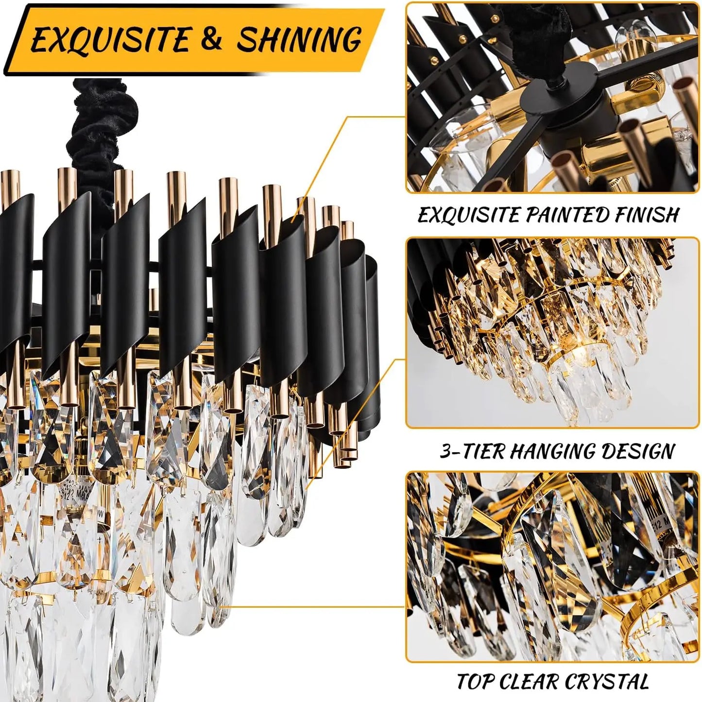 Chandelier Light Fixtures 3-Tier Black Gold Luxury Chandeliers for Dining Room Round Hanging Pendant