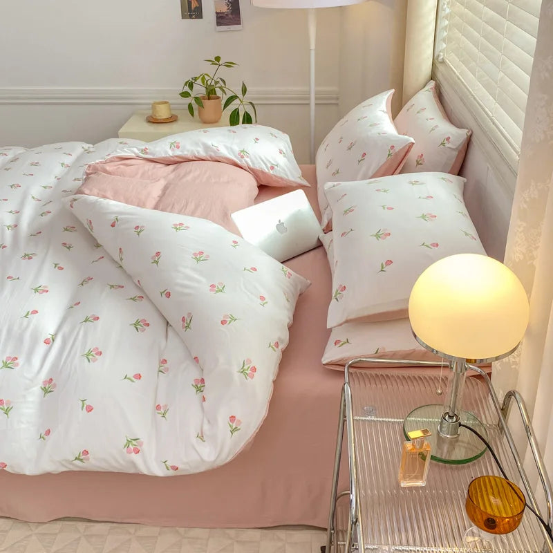 Romantic Tulip Pink Bedding Set Bed Flat Sheet Pillowcase Twin Full Queen Bed Linen Kids Girls Floral Duvet Cover No Filling