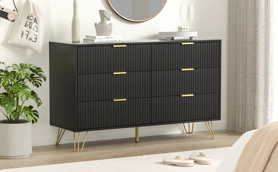 Commode noire, commode moderne à 6 tiroirs pour chambre à coucher avec poignées dorées, commode large pour salon