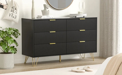 Black Dresser, Modern 6-Drawer Dresser for Bedroom with Gold Handles, Wide Chest of Drawers for Living Room