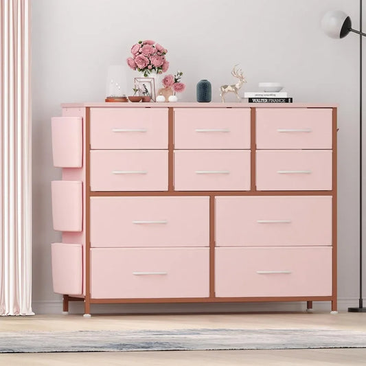 Dresser for Bedroom with 10 Drawers, Dressers & Chest , Long Fabric Storage Drawer with Wood Tabletop for Closet,Entryway (Pink)