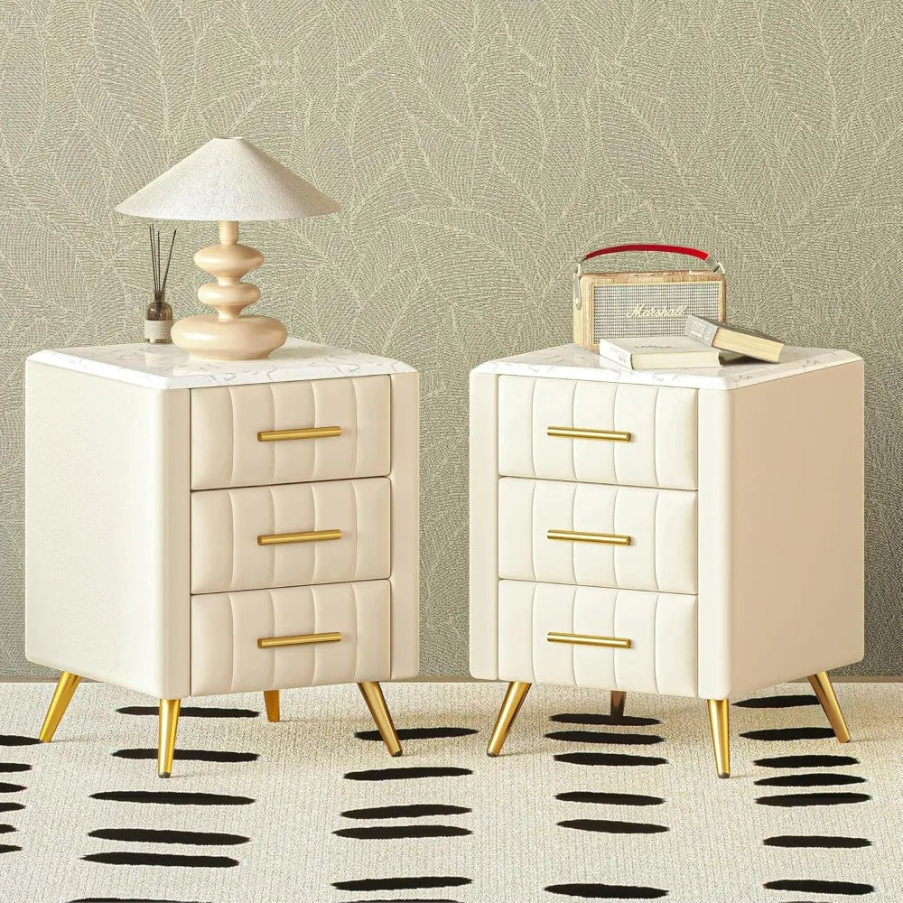 Nightstand with Drawers Set of 2, Upholstered Wood Bedside End Table with Marbling Top, 2 Pack, Beige Nightstands