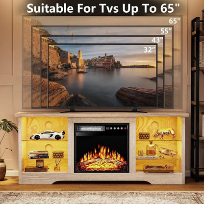 Meuble TV avec cheminée de 18 pouces, centre de divertissement moderne pour téléviseurs jusqu'à 70 pouces, console TV multimédia avec verre réglable