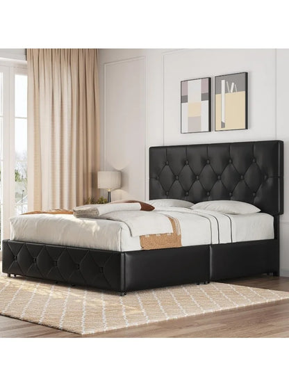 Upholstered Bed Frame with 4 Drawers and Adjustable Headboard, Faux Leather Platform Bed with Mattress  King Bed Frame