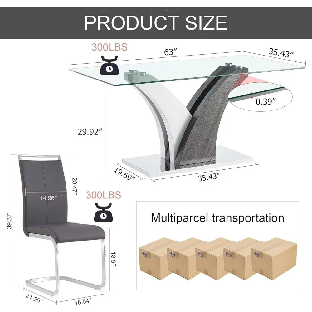 Mesa de comedor y sillas, 63 pulgadas, 6 sillas de comedor de cuero sintético con encimera de vidrio templado rectangular, juego de mesa de comedor de vidrio