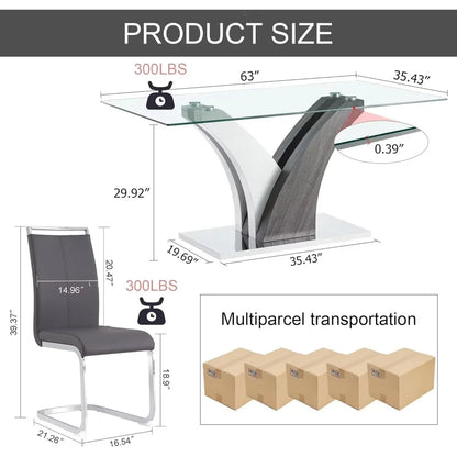 Mesa de comedor y sillas, 63 pulgadas, 6 sillas de comedor de cuero sintético con encimera de vidrio templado rectangular, juego de mesa de comedor de vidrio