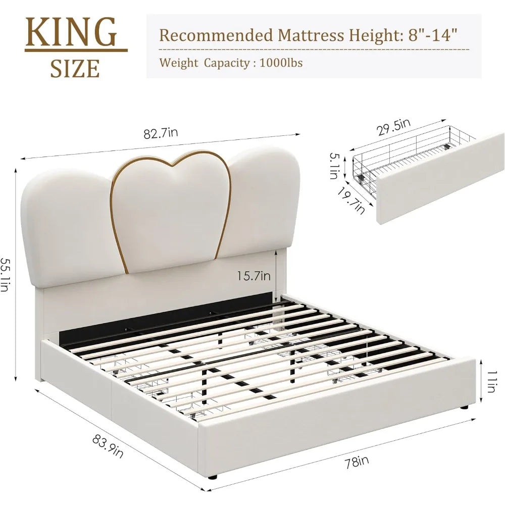 Marco de cama King con LED y 4 cajones de almacenamiento, moderna plataforma tapizada en terciopelo con cabecera alta de 55 pulgadas en forma de corazón, cama beige