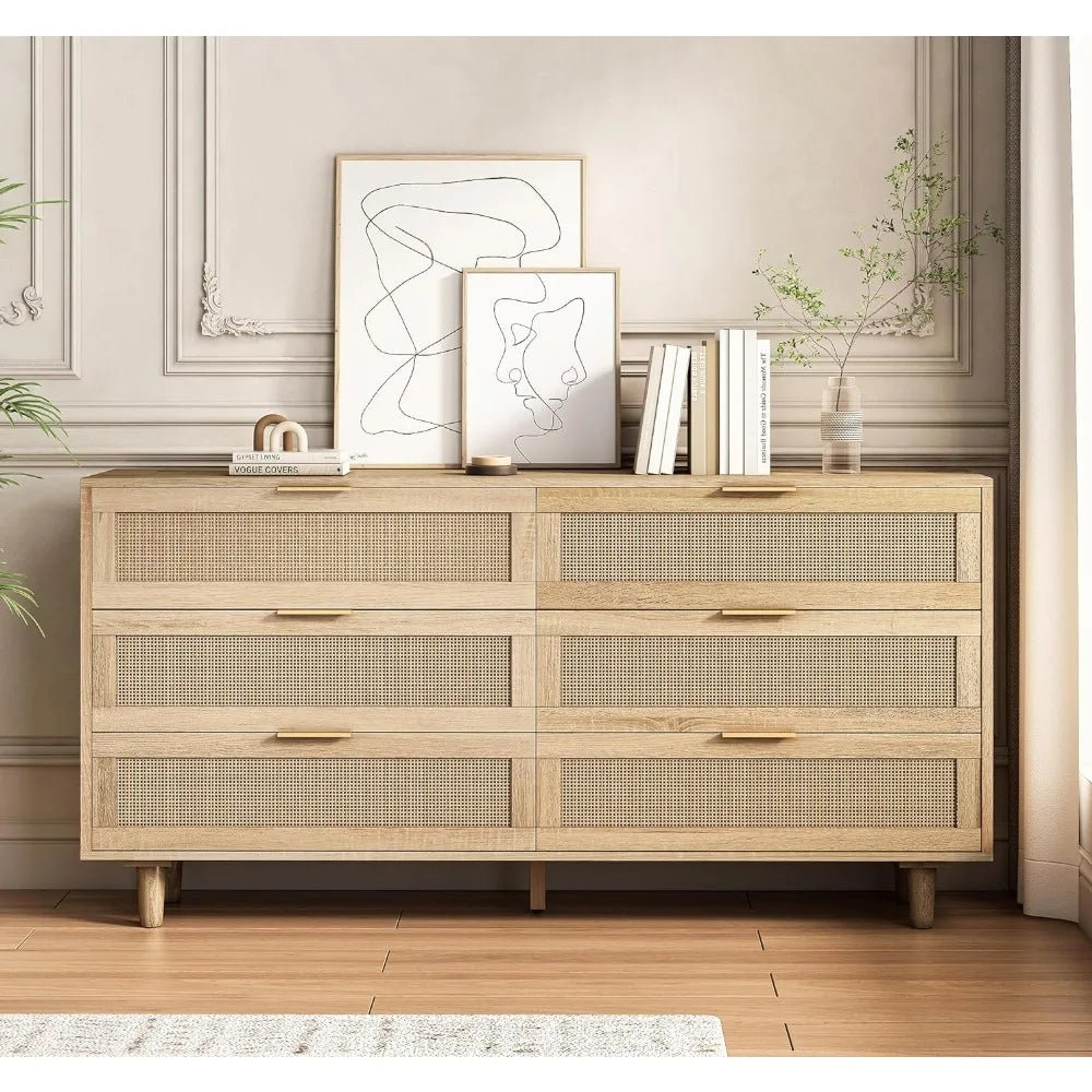 6 Drawer Double Dresser for Bedroom, Wooden Storage Wardrobe Dresser With Gold Handles, Floor Standing Storage Cabinet, Natural