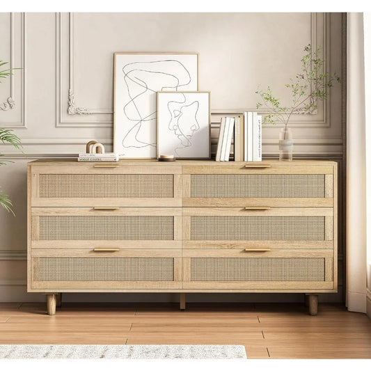 Commode double à 6 tiroirs pour chambre à coucher, armoire de rangement en bois avec poignées dorées, armoire de rangement sur pied, naturelle