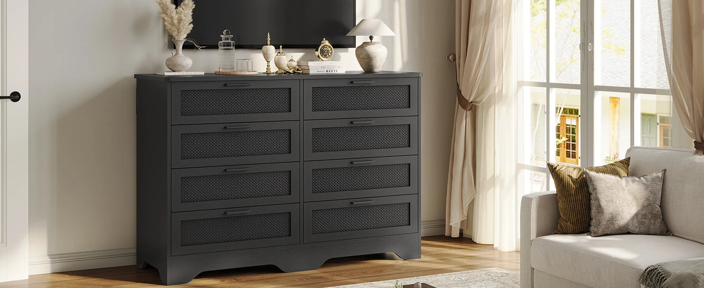 Commode noire pour chambre à coucher, commode longue moderne à 8 tiroirs avec design en cuir tressé, commode de rangement en bois de grande capacité