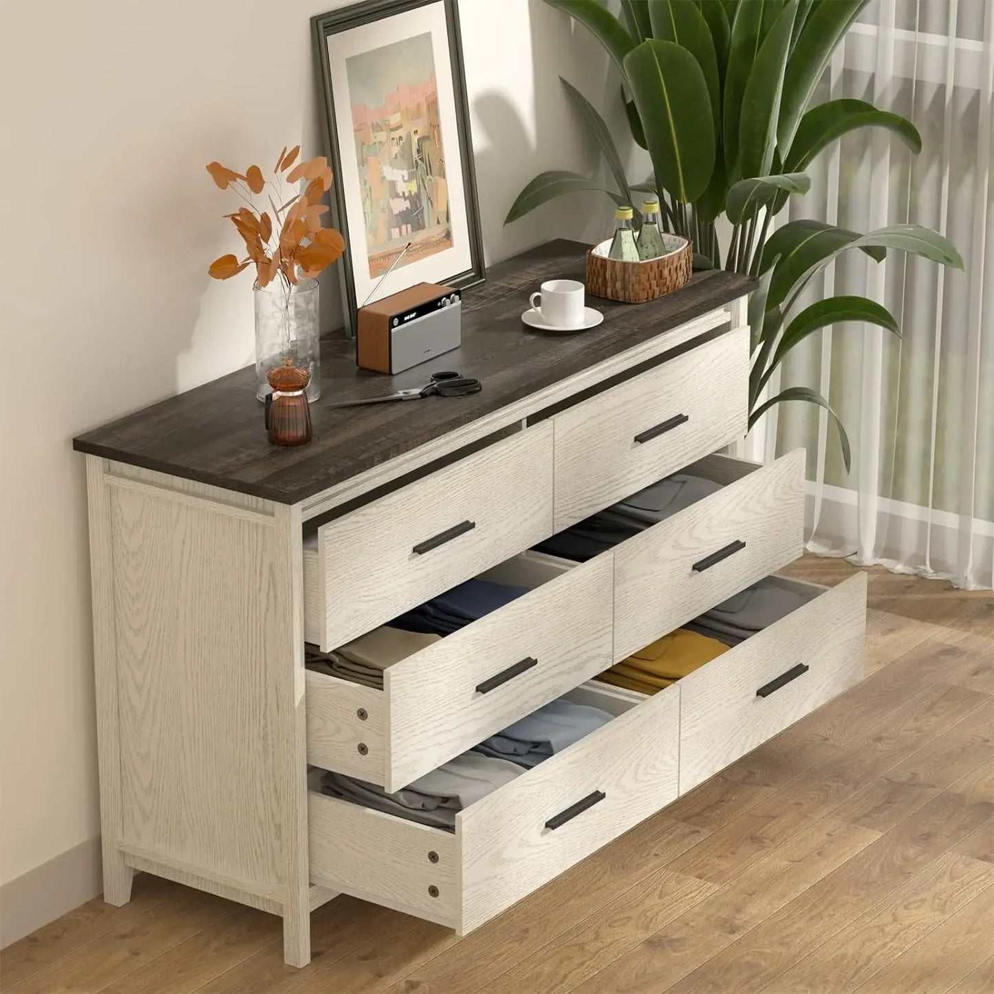 Commode double en bois à 6 tiroirs, large commode avec poignées en métal, meuble TV et meuble de rangement pour chambre à coucher, salon, noir/blanc