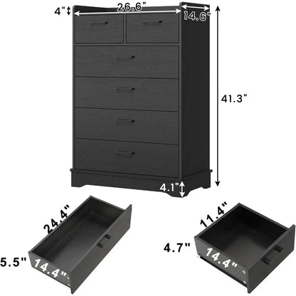 Black 6 Drawer Dresser, Wooden Storage Chest of 6 Drawers, Vertical Large Capacity Clothing Storage Organizer, Tall Dressers